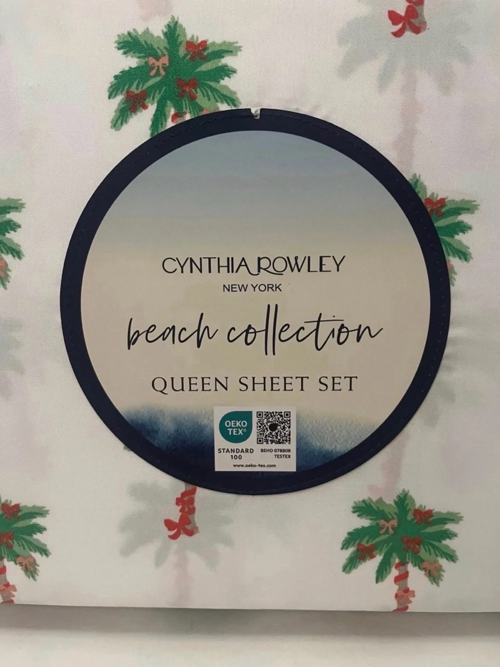 Cynthia Rowley Beach Collection Queen Size Sheet Set Bows on Palm Trees